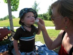 Mommy and Hud Working on Blowing Bubbles